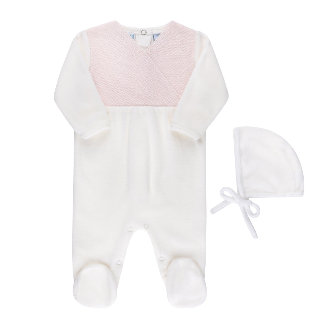 Velour Knit Wrap Romper With Bonnet
