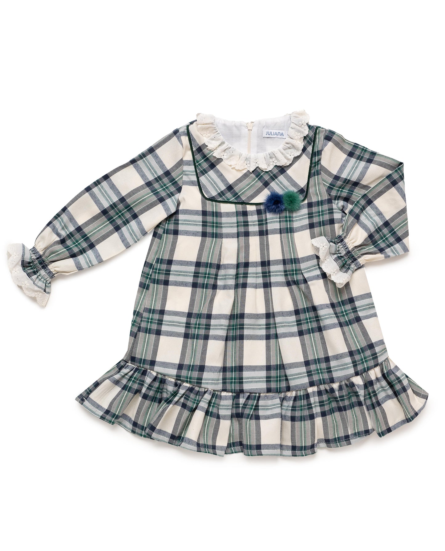 One Piece Squared Fabric Dress With 2 Pompons