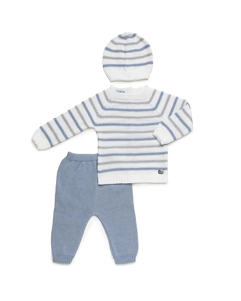 3-PIECE BABY SET IN LIN KNIT WITH COLORED STRIPE DETAILS