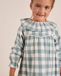 Vestido niña cuadros vichy verde cuello volante