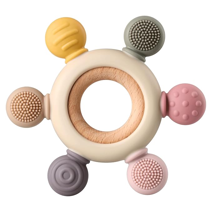 Baby Teething Toys, Silicone Chewable Toys with Organic Wooden Ring for Infants