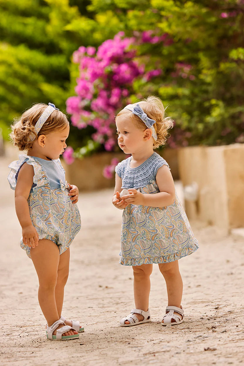 DRESS WITH ROUND KNITTED YOKE AND PAISLEY PRINT SKIRT