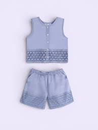 Blue Eyelet Shorts Set