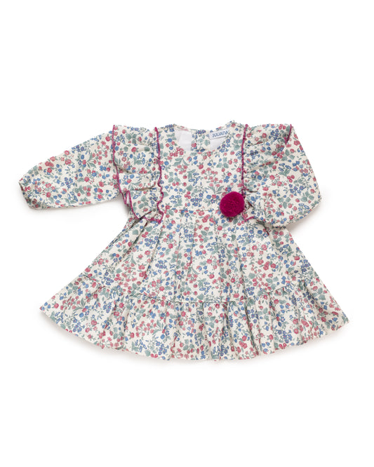 Ruffle Flower Fabric Dress with Shoulder Ruffles