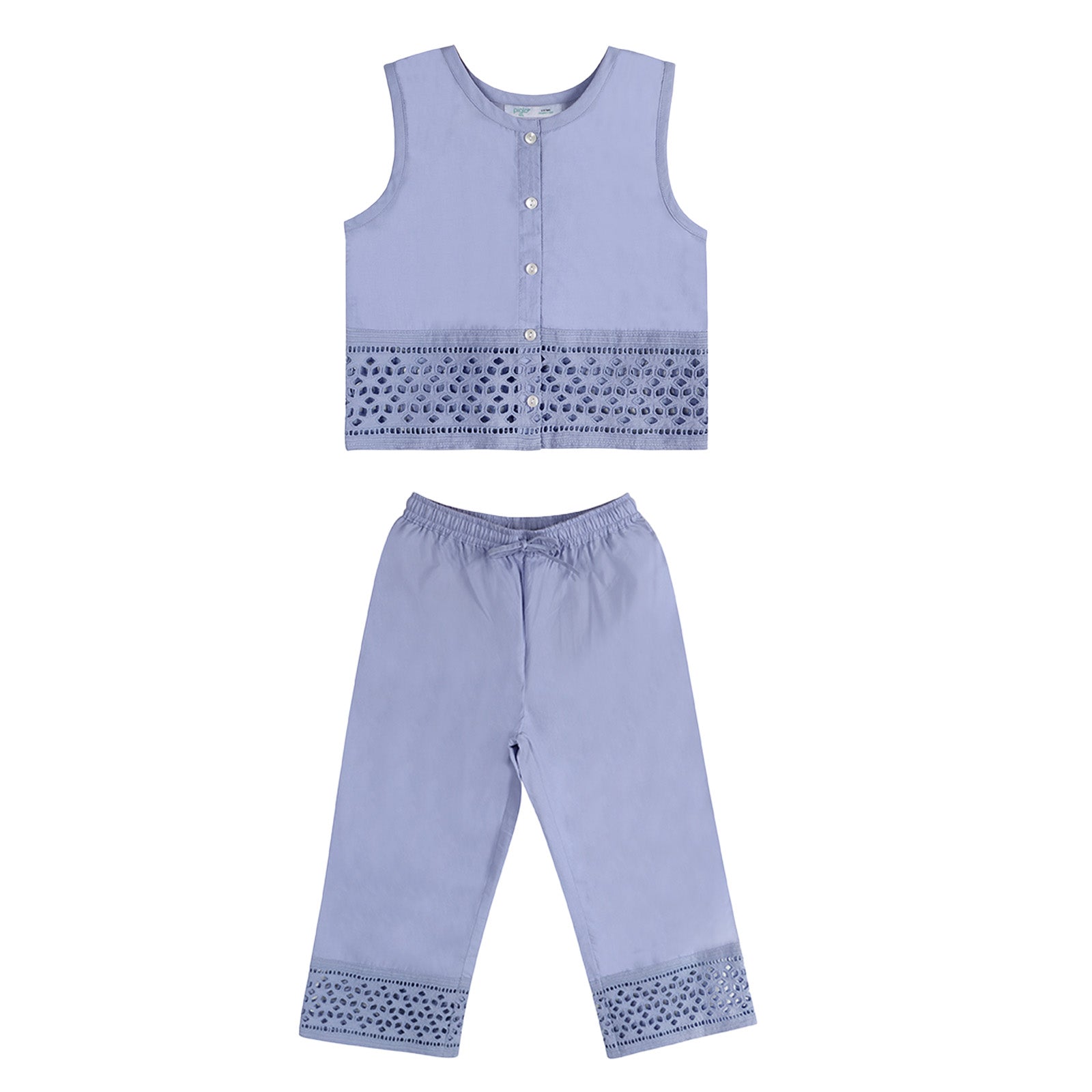 sleeveless blouse with buttons and matching trousers
