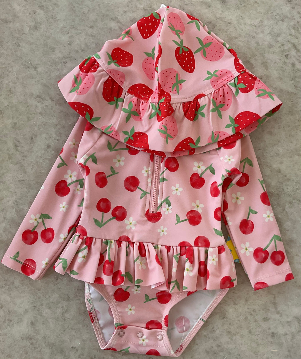 Cherry and strawberry print swimsuit with matching cap