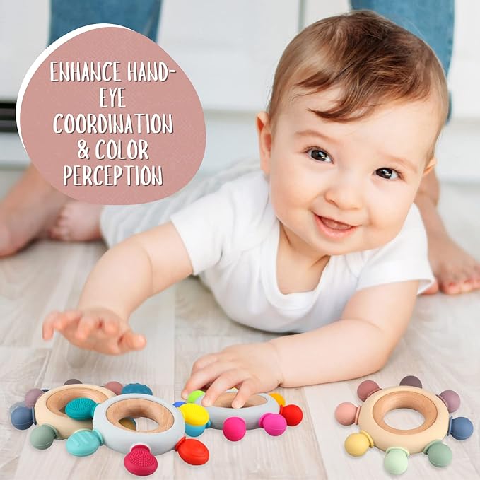 Baby Teething Toys, Silicone Chewable Toys with Organic Wooden Ring for Infants