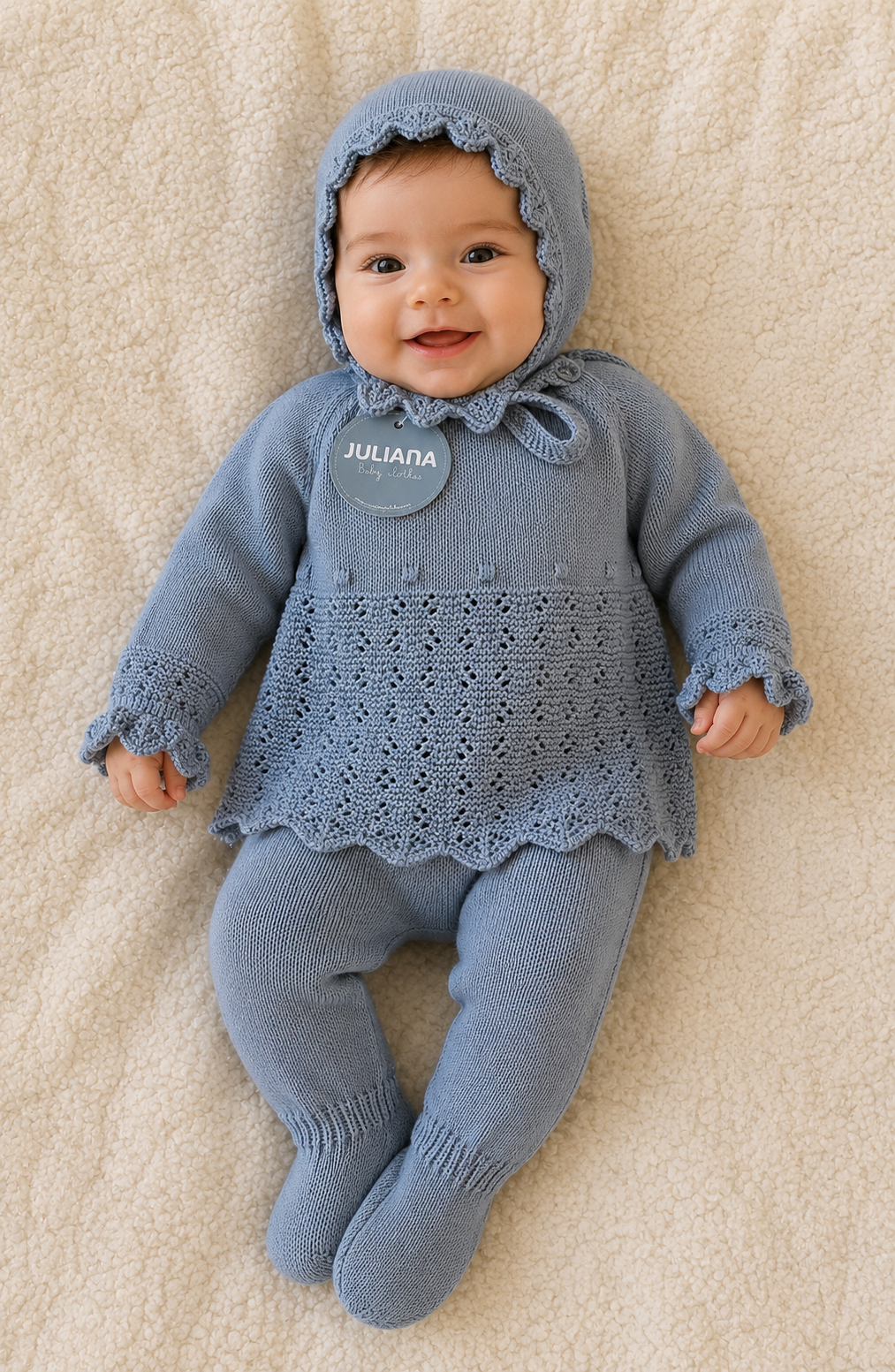 3-PIECE BABY SET WITH OPENWORK YOKE AND BOBBLE DETAILS/ BLUE