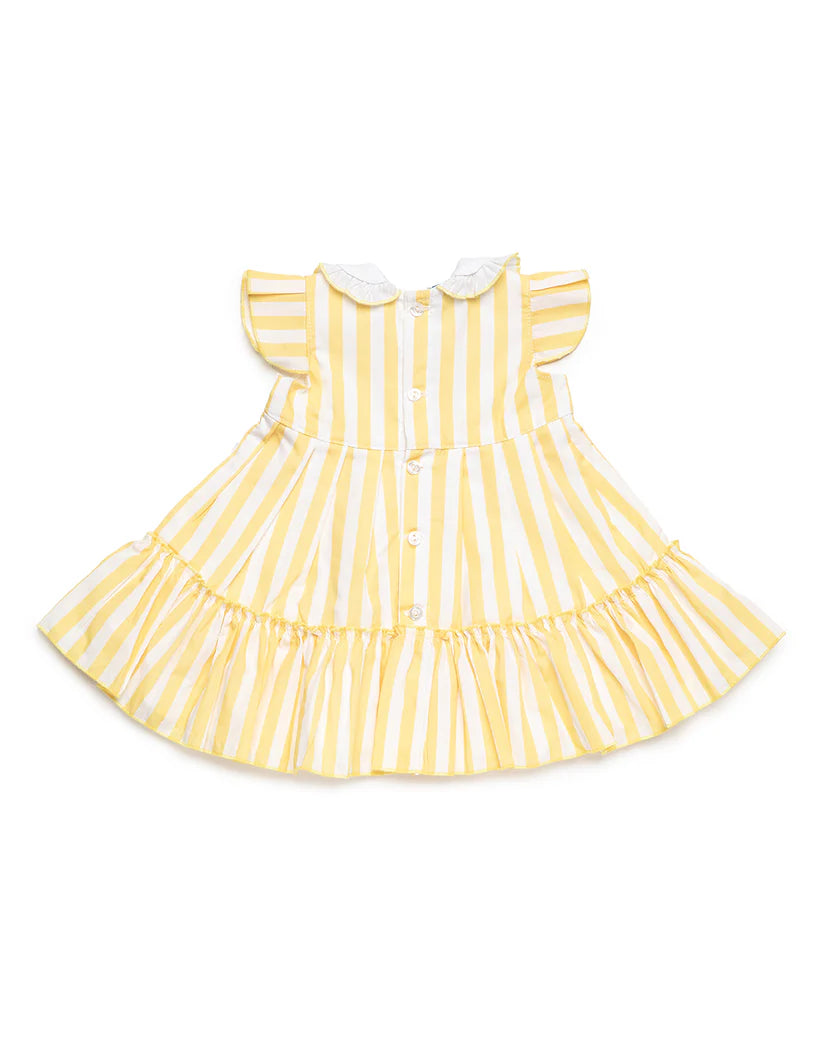DRESS WITH TWO RUFFLED LAYERS IN STRIPED FABRIC AND COLLAR