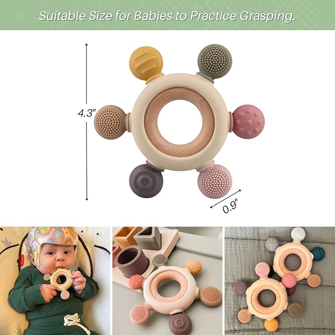 Baby Teething Toys, Silicone Chewable Toys with Organic Wooden Ring for Infants