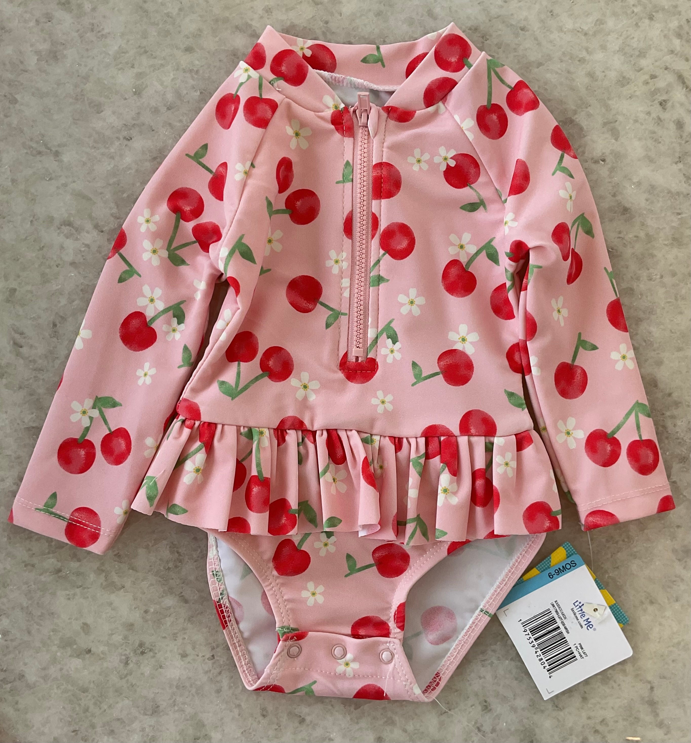 Cherry and strawberry print swimsuit with matching cap