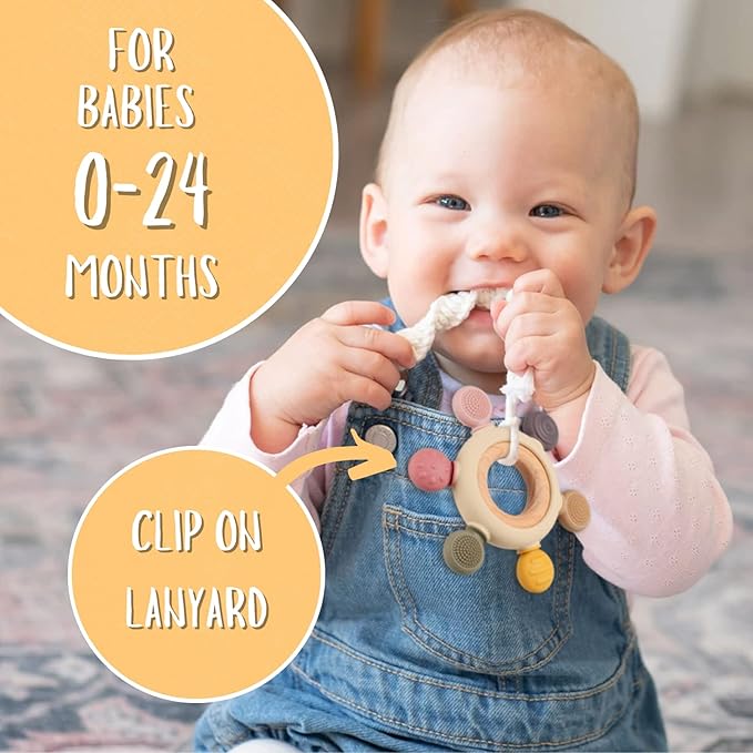 Baby Teething Toys, Silicone Chewable Toys with Organic Wooden Ring for Infants