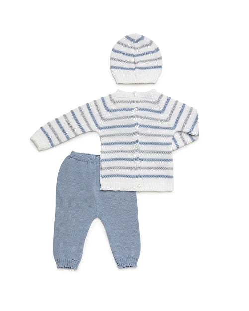 3-PIECE BABY SET IN LIN KNIT WITH COLORED STRIPE DETAILS
