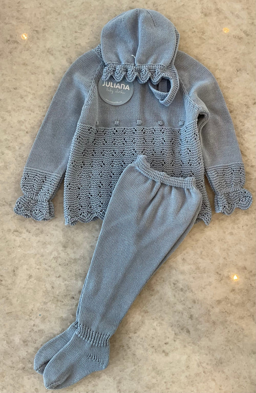 3-PIECE BABY SET WITH OPENWORK YOKE AND BOBBLE DETAILS/ BLUE