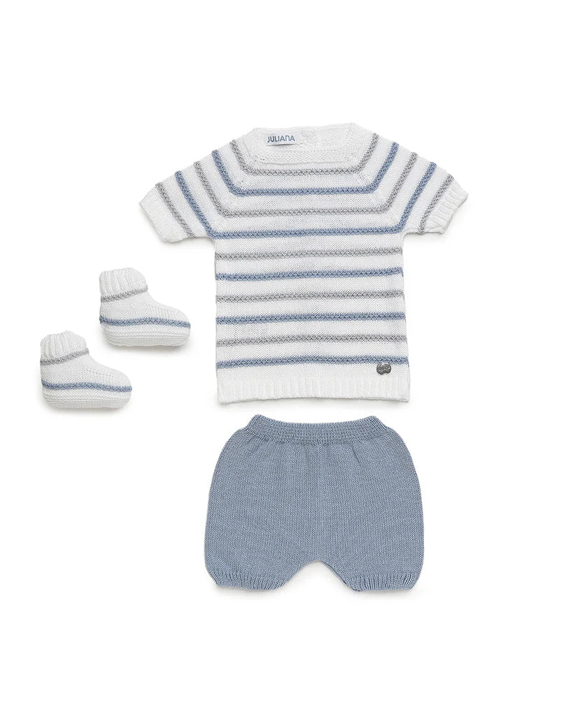 BABY KNIT SET WITH COLOR STRIPES, SHORTS AND BOOTIES