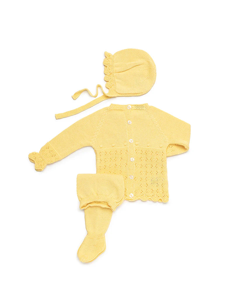 3-PIECE BABY SET WITH OPENWORK YOKE AND BOBBLE DETAILS/ YELLOW