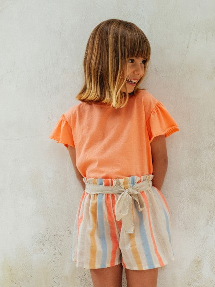shirt ruffle sleeves and Striped shorts with belt