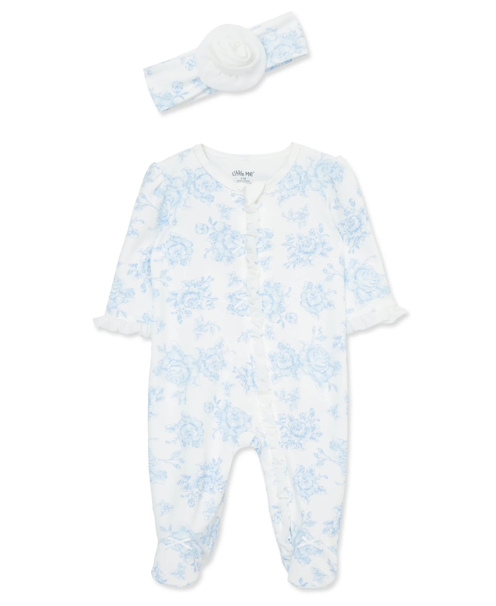 Blue Roses 2-Way-Zip Footed One-Piece And Headband