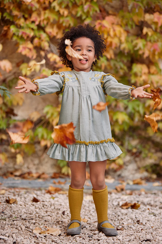 One piece Squared Fabric Dress With Embroidered