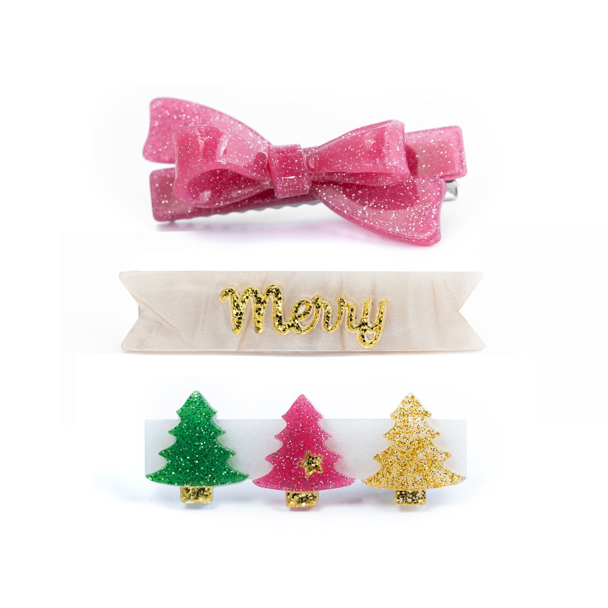 Merry Trees Vintage Glitter Bow Hair Clips