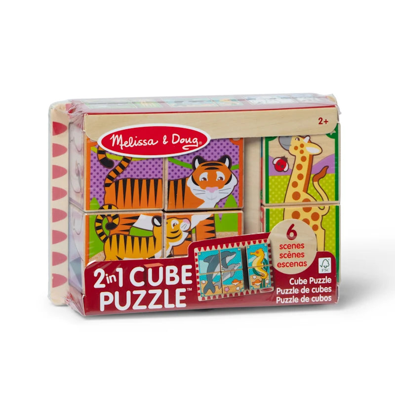 2 in 1 Cube Wood Block Puzzle Animals 6 Scenes Preschool Toy Gift