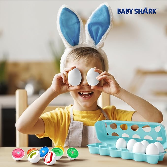 Baby Shark Match and Sort Eggs Toy - 12 Eggs for Shape and Color Matching Fun for Toddlers