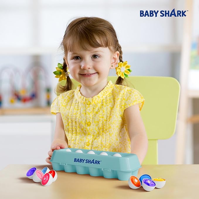 Baby Shark Match and Sort Eggs Toy - 12 Eggs for Shape and Color Matching Fun for Toddlers