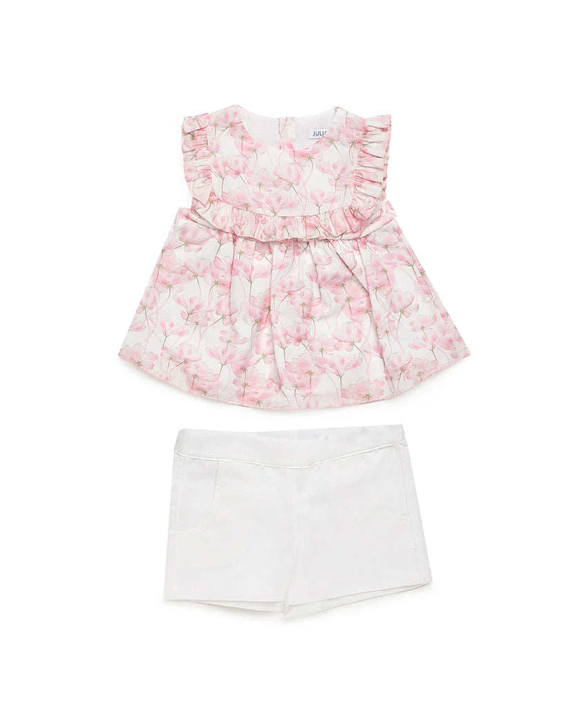 GIRL'S SHIRT AND SHORTS SET WITH LARGE FLORAL PRINT
