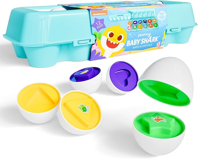 Baby Shark Match and Sort Eggs Toy - 12 Eggs for Shape and Color Matching Fun for Toddlers