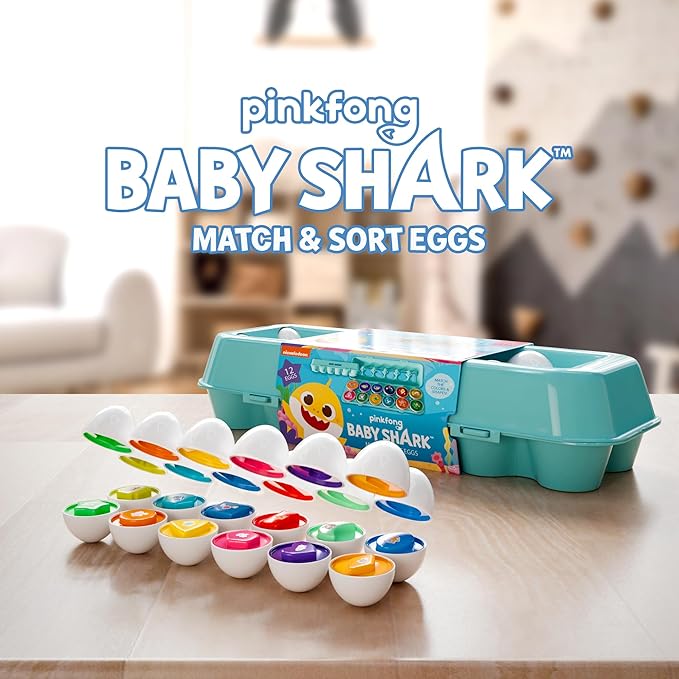 Baby Shark Match and Sort Eggs Toy - 12 Eggs for Shape and Color Matching Fun for Toddlers
