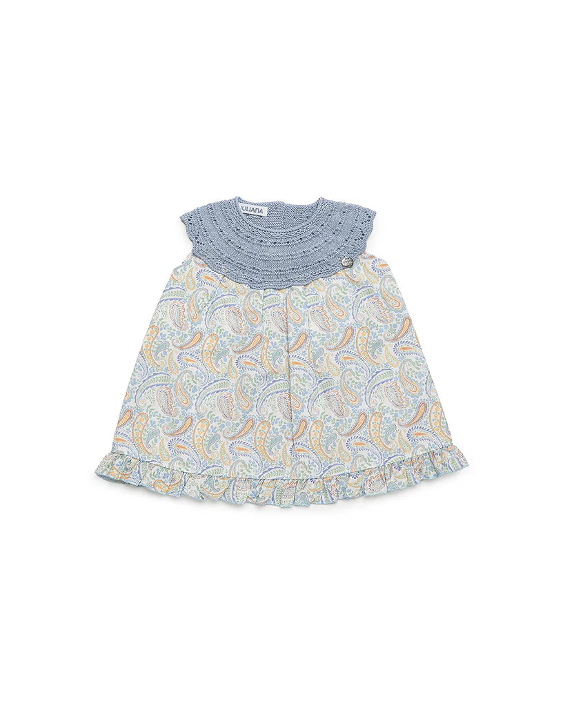 DRESS WITH ROUND KNITTED YOKE AND PAISLEY PRINT SKIRT