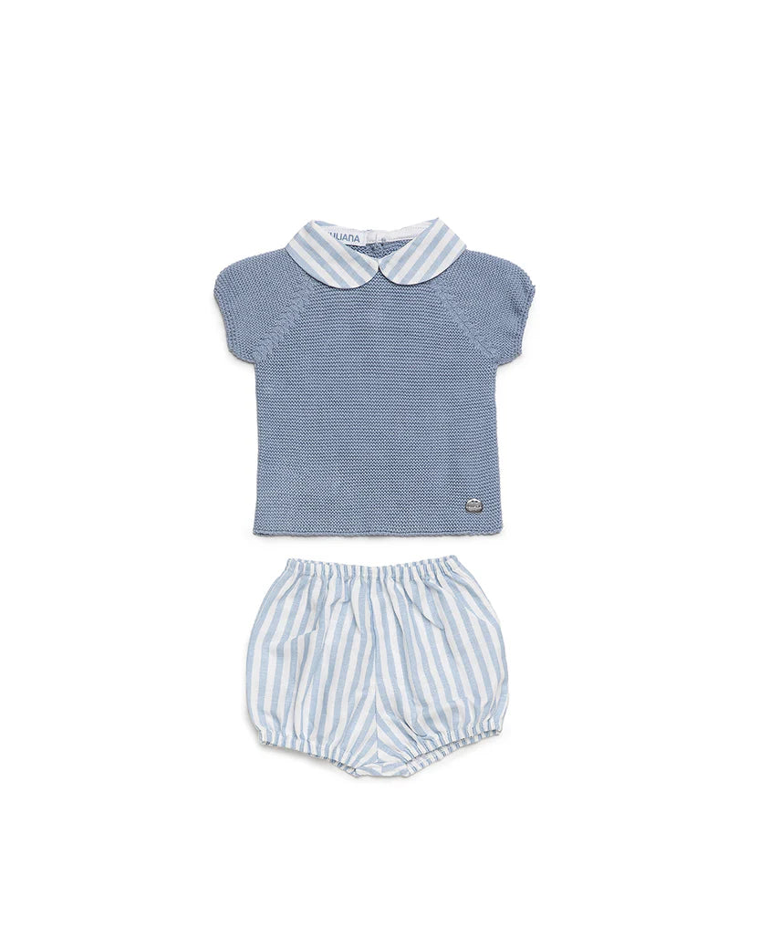 BABY KNIT SET WITH STRIPED FABRIC SHORTS