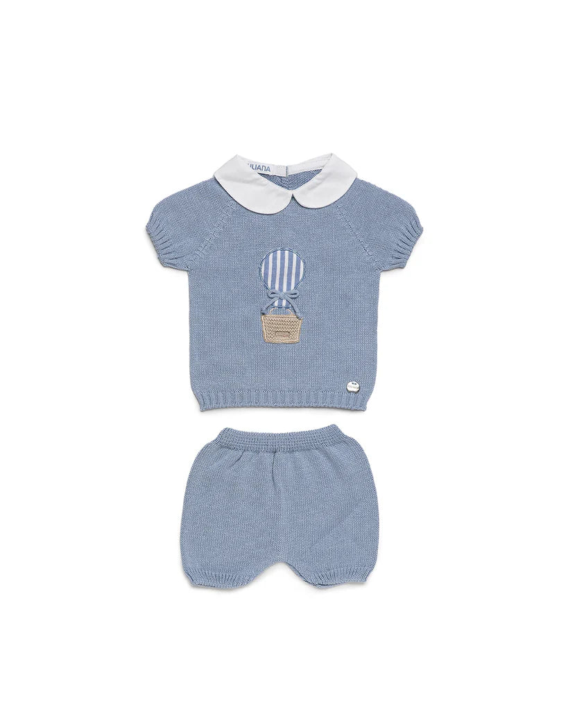 BABY KNIT SET WITH EMBROIDERED HOT AIR BALLOON DESIGN AND SHORTS