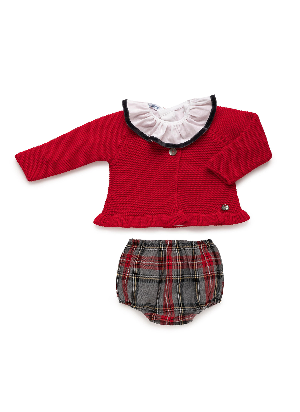 Knitted Cardigan Set With Squared Fabric Bloomer