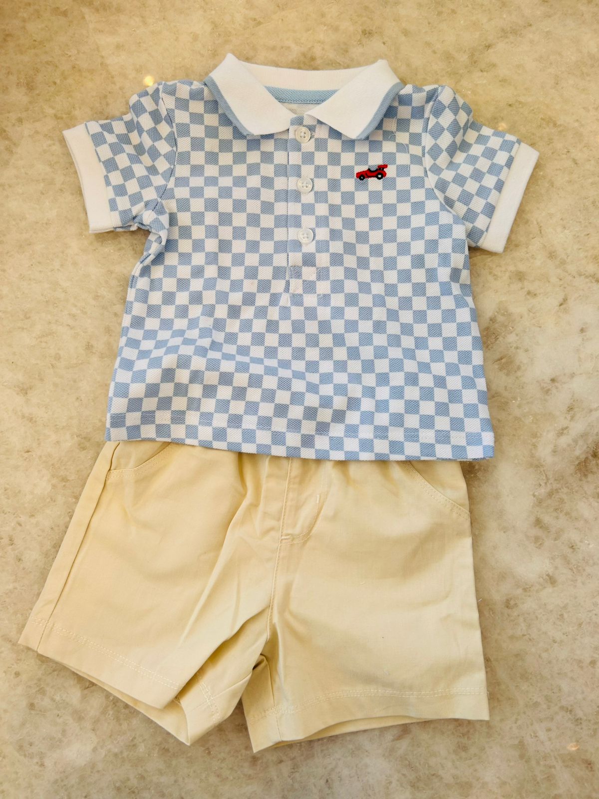 Plaid polo shirt and shorts