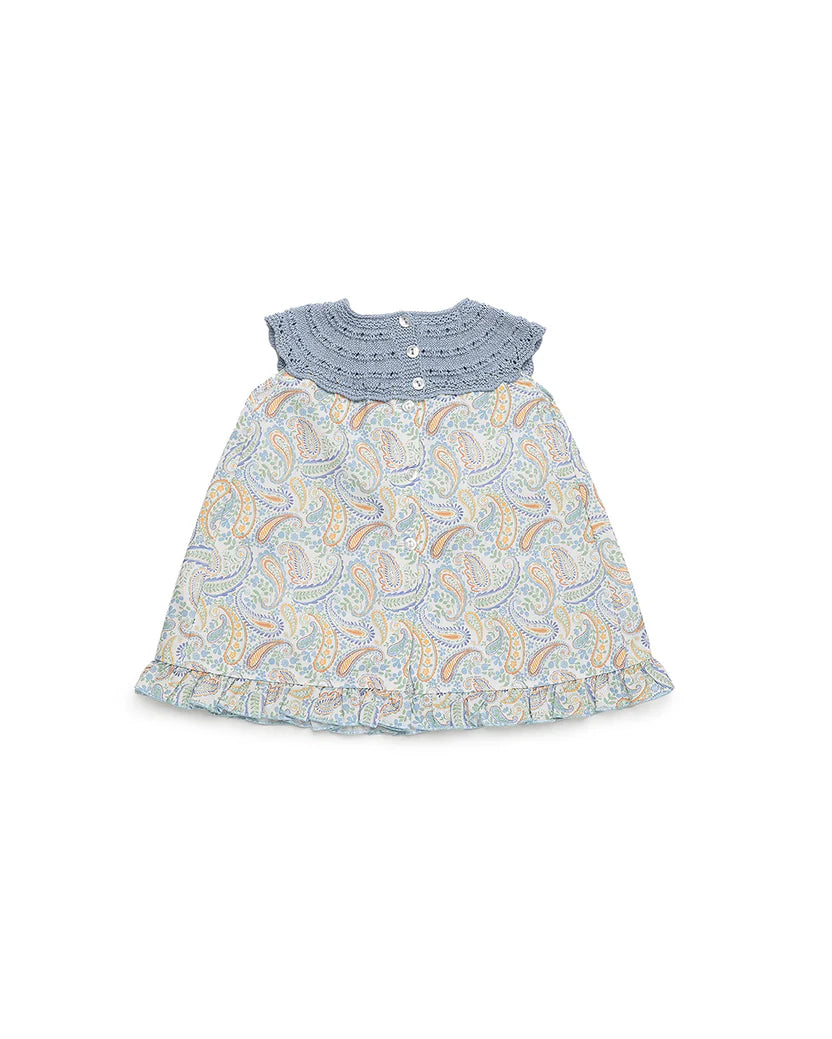 DRESS WITH ROUND KNITTED YOKE AND PAISLEY PRINT SKIRT