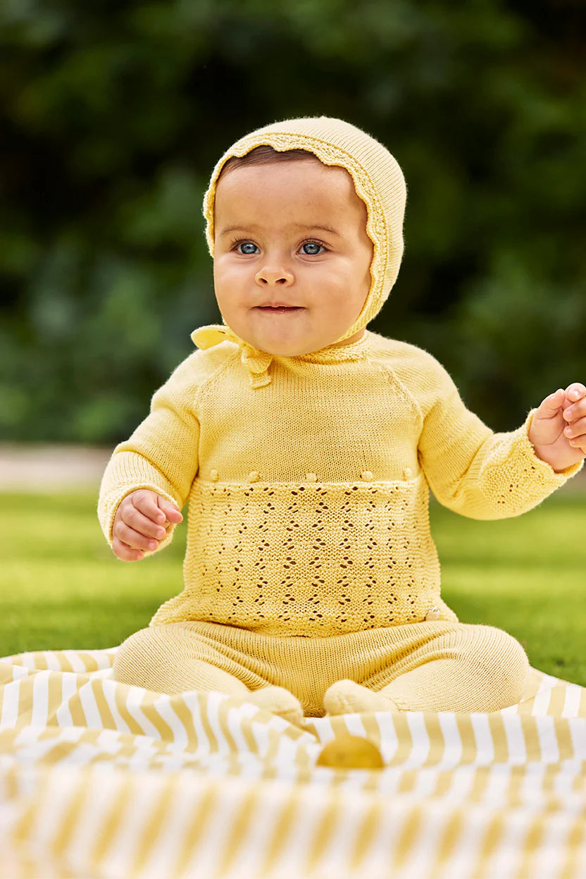 3-PIECE BABY SET WITH OPENWORK YOKE AND BOBBLE DETAILS/ YELLOW