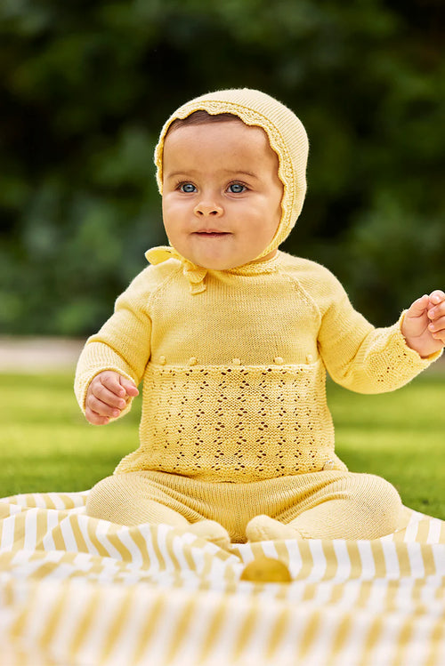 3-PIECE BABY SET WITH OPENWORK YOKE AND BOBBLE DETAILS/ YELLOW