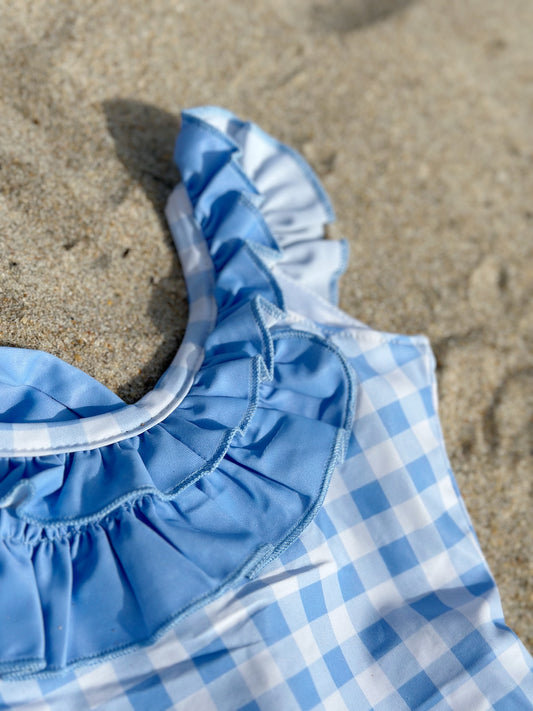 Bow Back Swimsuit - Blue Gingham